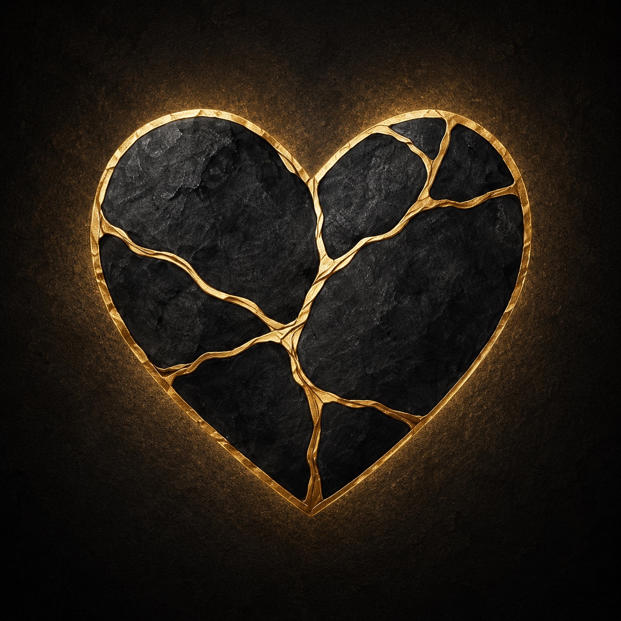 A black heart mended with gold, representing healing after brokenness